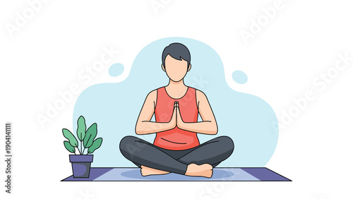Calm man sits in a lotus position on a yoga mat meditating in a peaceful environment to improve mental health and mindfulness.