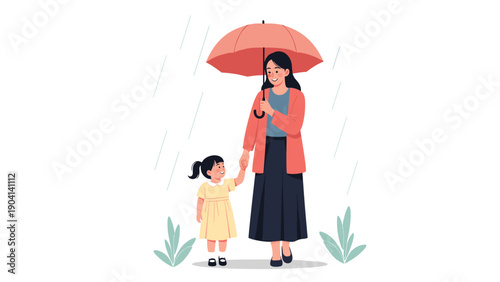 Caring mother and her young daughter walk together under a red umbrella during a rainy day showing love and protection in nature.
