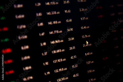 Close-Up of Digital Stock Market Ticker Board Display with Prices and Volumes.