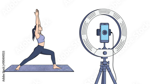 Young woman practices a warrior yoga pose on a mat in front of a professional ring light and smartphone for her social media channel.