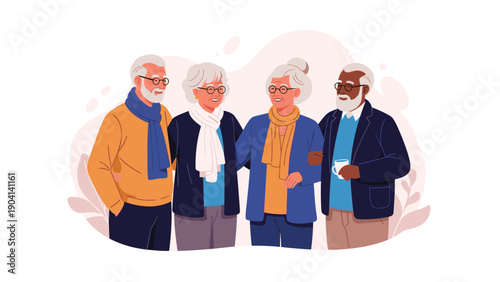 Group of four diverse elderly friends stand together and smile while enjoying their retirement and social life in a pleasant atmosphere.