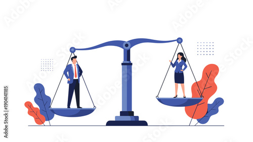 Businessman and businesswoman stand on a giant balance scale representing gender equality and professional fairness in a corporate workplace environment.