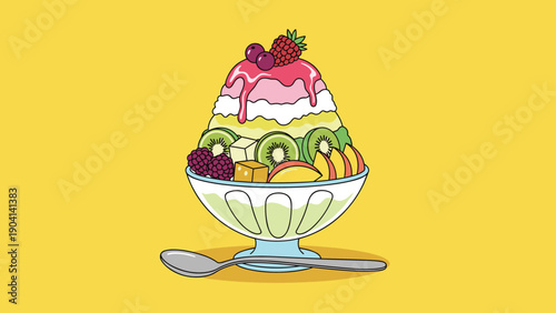 Large glass bowl filled with colorful fruit shaved ice topped with fresh berries kiwi mango and syrup on a bright yellow background.