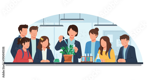 Teacher guides students through a hands-on science experiment with a plant, fostering curiosity and collaborative learning in an educational setting, promoting scientific inquiry