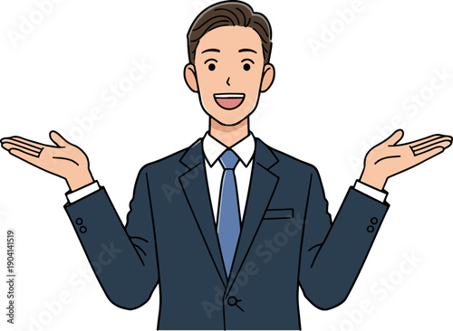 Man In Dark Suit Gesturing Welcomingly White Background Minimalist Illustration