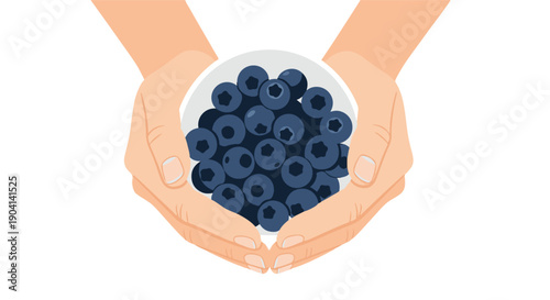 Two hands gently cupping a white bowl overflowing with fresh, ripe blueberries, showcasing a healthy and natural treat