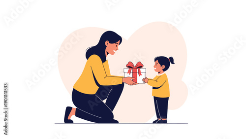 Loving mother kneeling down to give a wrapped gift with a red ribbon to her small daughter in a heart shaped frame.