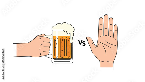 Hand holding a mug of frothy beer next to a hand making a stop gesture to represent the healthy choice of refusing alcohol.