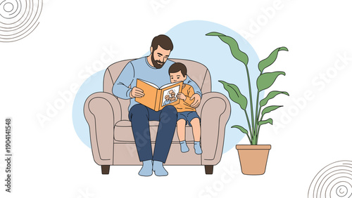 Loving father sitting in a cozy armchair and reading an engaging illustrated book to his young son on his lap at home.