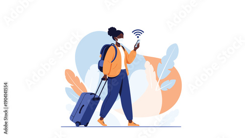 Woman wearing a face mask walking with a suitcase while using her smartphone with a wifi symbol appearing above.