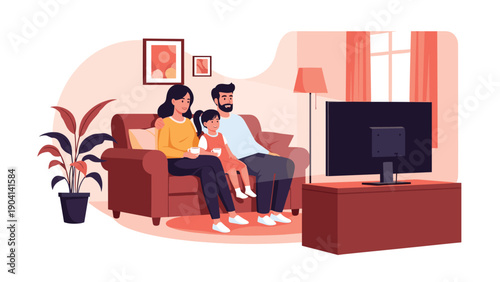Father, mother, and daughter sitting together on a sofa and watching a television show in their cozy living room at home.