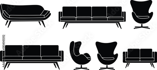 Modern furniture silhouette set, sofa and armchair collection, minimalist living room seating icons, black vector illustration isolated on white background