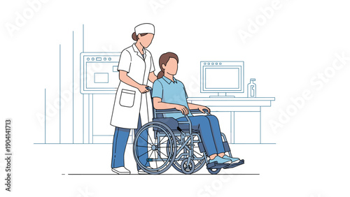 Female nurse in a white uniform pushing an elderly woman in a wheelchair through a medical facility or hospital.