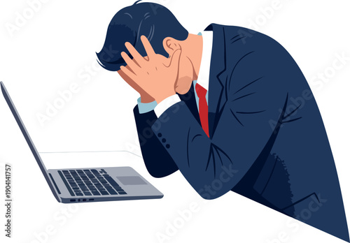 Man In Suit Holds Head In Despair Near Laptop Blue Suit Red Tie