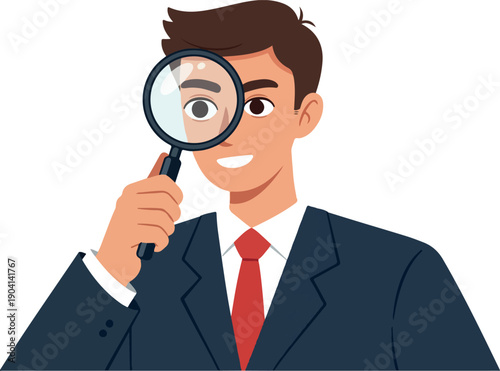 Man in Suit Inspects with Magnifying Glass White Background