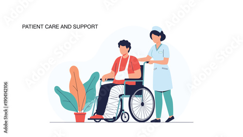 Professional female nurse pushing a male patient with a leg cast and arm sling in a wheelchair in a medical facility or hospital corridor.