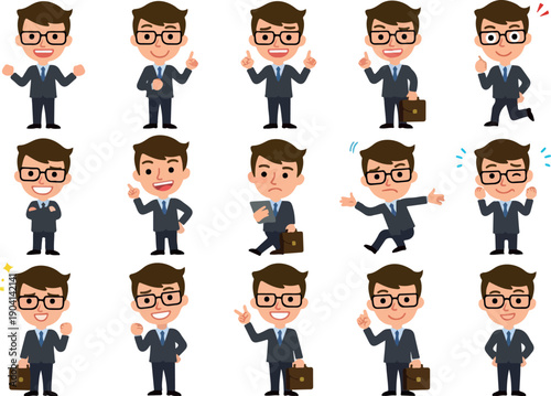 Pixel Art Business Man Character Set With Briefcase And Different Poses