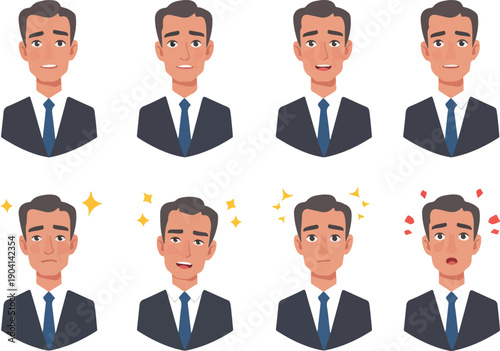 Man With Various Expressions Pixel Art Isolated