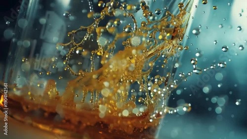 Close-up of a chemical reaction with amber liquid splashing and bubbling inside a laboratory beaker.