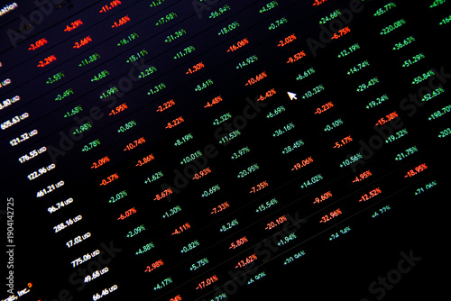 Close-Up of Digital Stock Market Ticker Board Display with Prices and Volumes.