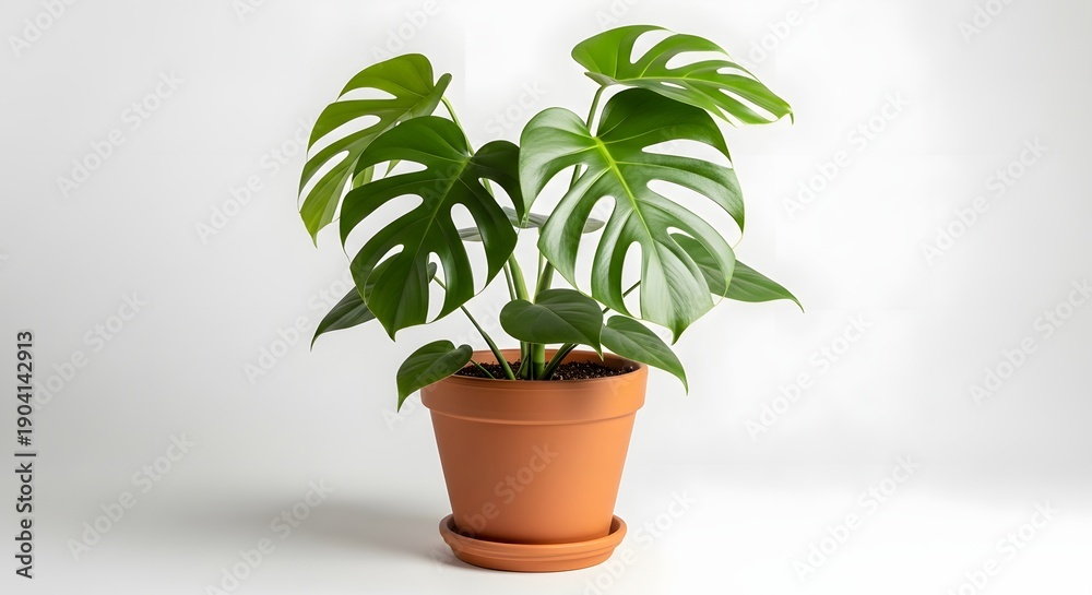 Fototapeta premium A potted monstera deliciosa plant with large green leaves