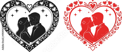 Romantic couple silhouette inside heart frame with decorative love elements, black and red versions isolated on white background vector illustration