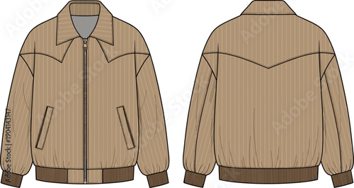 Men’s fashion technical vector illustration of bomber jacket front and back view, pointed collar, zipper closure, welt pockets, ribbed cuffs, ribbed hem, pinstripe pattern