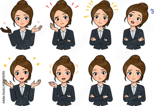 Pixel Art Businesswoman Emotions Icon Set Dark Suit White Shirt