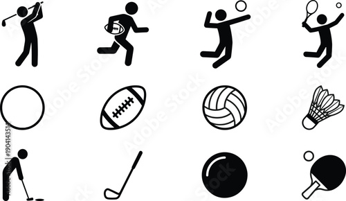 Sports, icons, set, athletes, equipment, golf, rugby, volleyball, badminton, tennis, action, people, fitness, competition, recreation, silhouette, outline, illustration, design, collection