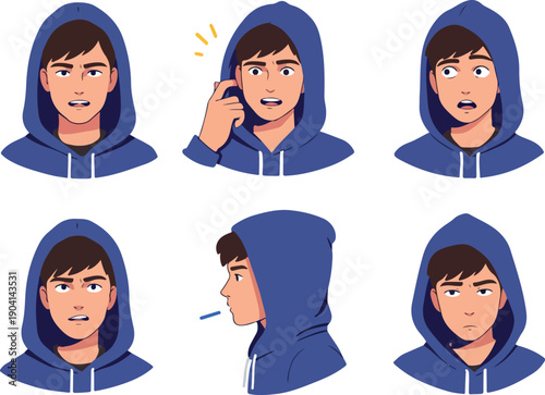 Pixel Art Character Expressions Blue Hoodie Flat Minimalist Icon Set