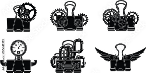 Steampunk binder clip gear mechanism illustration, mechanical office tool design, industrial metal engineering concept, vintage machinery vector artwork set