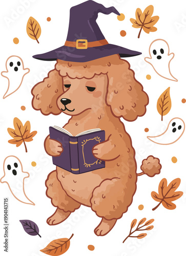 Pixel Art Poodle Dog Witch Reading Book Ghost Fall Leaves Pattern