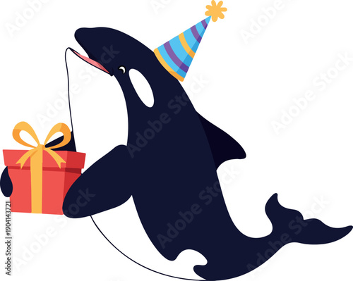 Orca Whale Wearing Party Hat Holding Gift