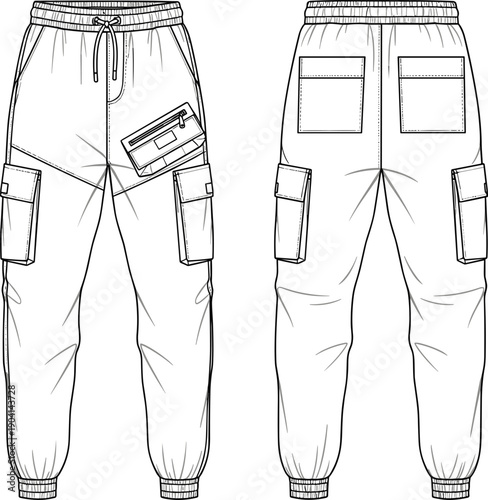 Men’s fashion technical vector illustration of cargo jogger pants front and back view, elastic waistband, drawstring closure, multiple cargo pockets, angled zipper pocket, elastic cuffs