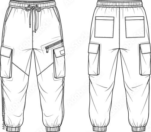 Men’s fashion technical vector illustration of cargo jogger pants front and back view, elastic waistband, drawstring closure, multiple pockets, elastic cuffs, seam detailing