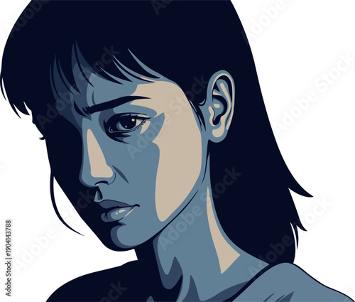 Pixel Art Portrait Of A Concerned Woman In Blue Tones With High Contrast