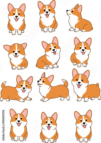 Pixel Art Corgi Dog Collection Various Poses White Background Minimalist Flat Design