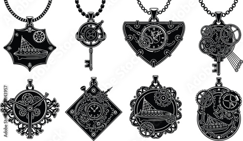 Steampunk pendant vector set, vintage mechanical jewelry design with gears, keys, submarine, clockwork, and intricate retro ornament illustration