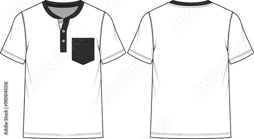 Men’s fashion technical vector illustration of Henley t-shirt front and back view, short sleeves, three-button placket, round neckline, chest pocket, folded cuffs, straight hem