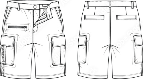 Men’s fashion technical vector illustration of cargo shorts front and back view, waistband with belt loops, button closure, zipper fly, flap cargo pockets, welt pockets