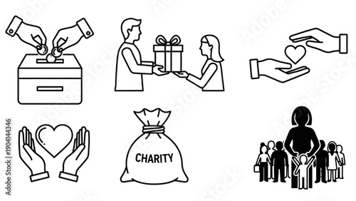 Black line icon set of charity and giving, including hands donating coins, gift exchange, heart-holding, charity bag, and community support