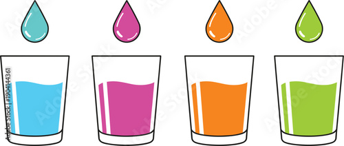 Set of colorful minimalist drinks in glasses with liquid drops featuring blue pink orange and green beverages on grey background