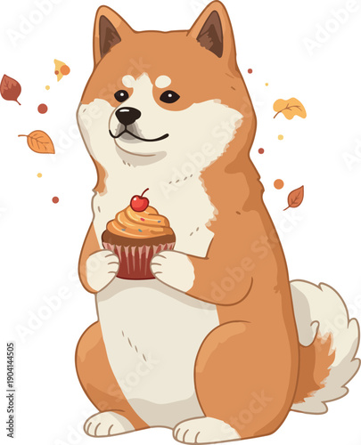 Pixel Art Shiba Inu Dog Holding Cupcake Autumn Leaves Falling Festive Season