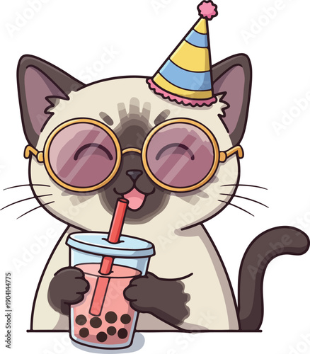 Pixel Art Siamese Cat with Party Hat Drinks Boba Tea Pink and Yellow