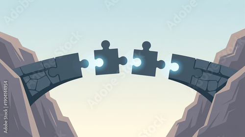 Flat art illustration of a stone bridge being restored with glowing puzzle pieces between two cliffs symbolizing strategic problem solving methodical progress and professional business solutions