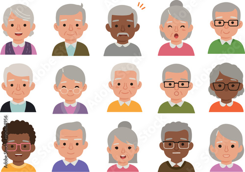 Pixel Art Avatars Diverse Elderly People Happy Faces Flat Style