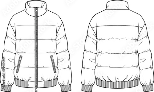 Men’s fashion technical vector illustration of puffer jacket front and back view, high collar, quilted sections, zipper closure, zippered pockets, ribbed cuffs, ribbed hem
