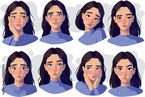 Pixel Art Woman Diverse Emotions Blue Top Isolated Expressive Faces