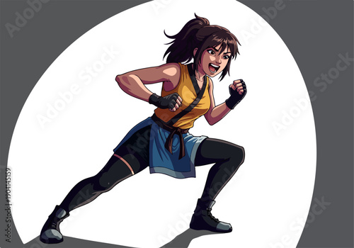 Pixel Art Fighter Woman Aggressive Pose Yellow Top Blue Skirt