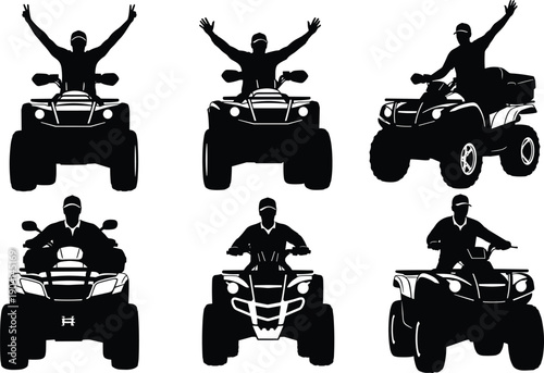 Set of Black Vector Silhouettes Featuring People Riding All-Terrain Vehicles and Quad Bikes with Exciting Poses and Dynamic Movements Isolated on a White Background